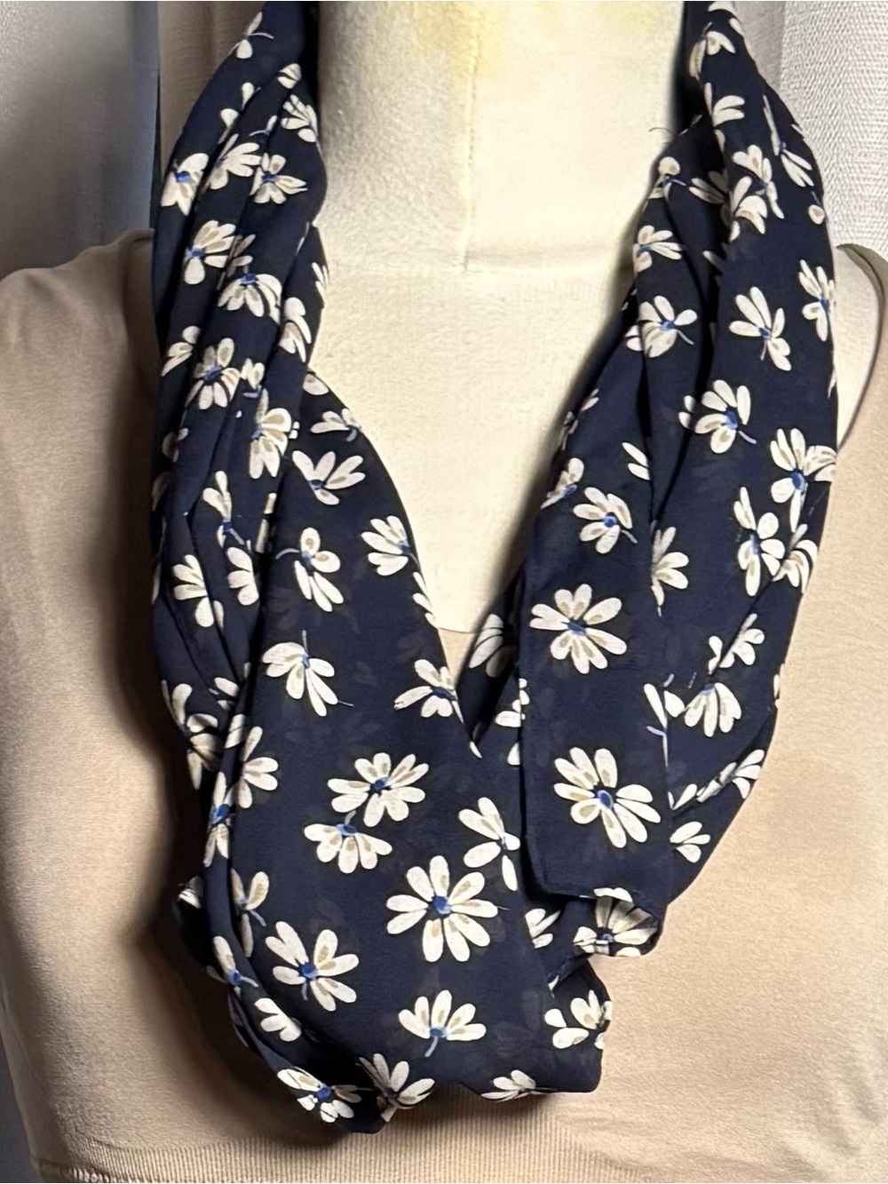 Express Navy Infinity Scarf with White Daisy Print